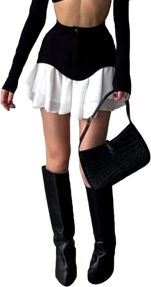 Women's Patchwork Denim Mini Skirt High Waisted Flared Flowy Layer Ruffle Hem A Line Y2k Jean Short Skirts