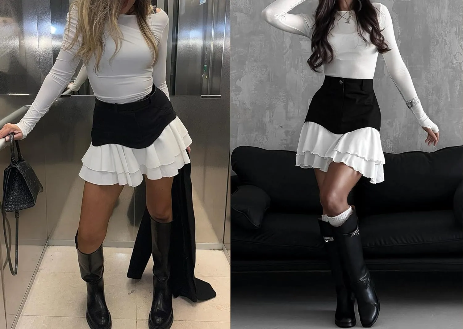 Women's Patchwork Denim Mini Skirt High Waisted Flared Flowy Layer Ruffle Hem A Line Y2k Jean Short Skirts