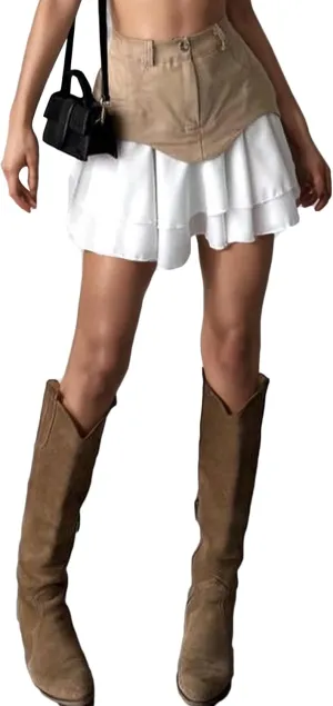 Women's Patchwork Denim Mini Skirt High Waisted Flared Flowy Layer Ruffle Hem A Line Y2k Jean Short Skirts