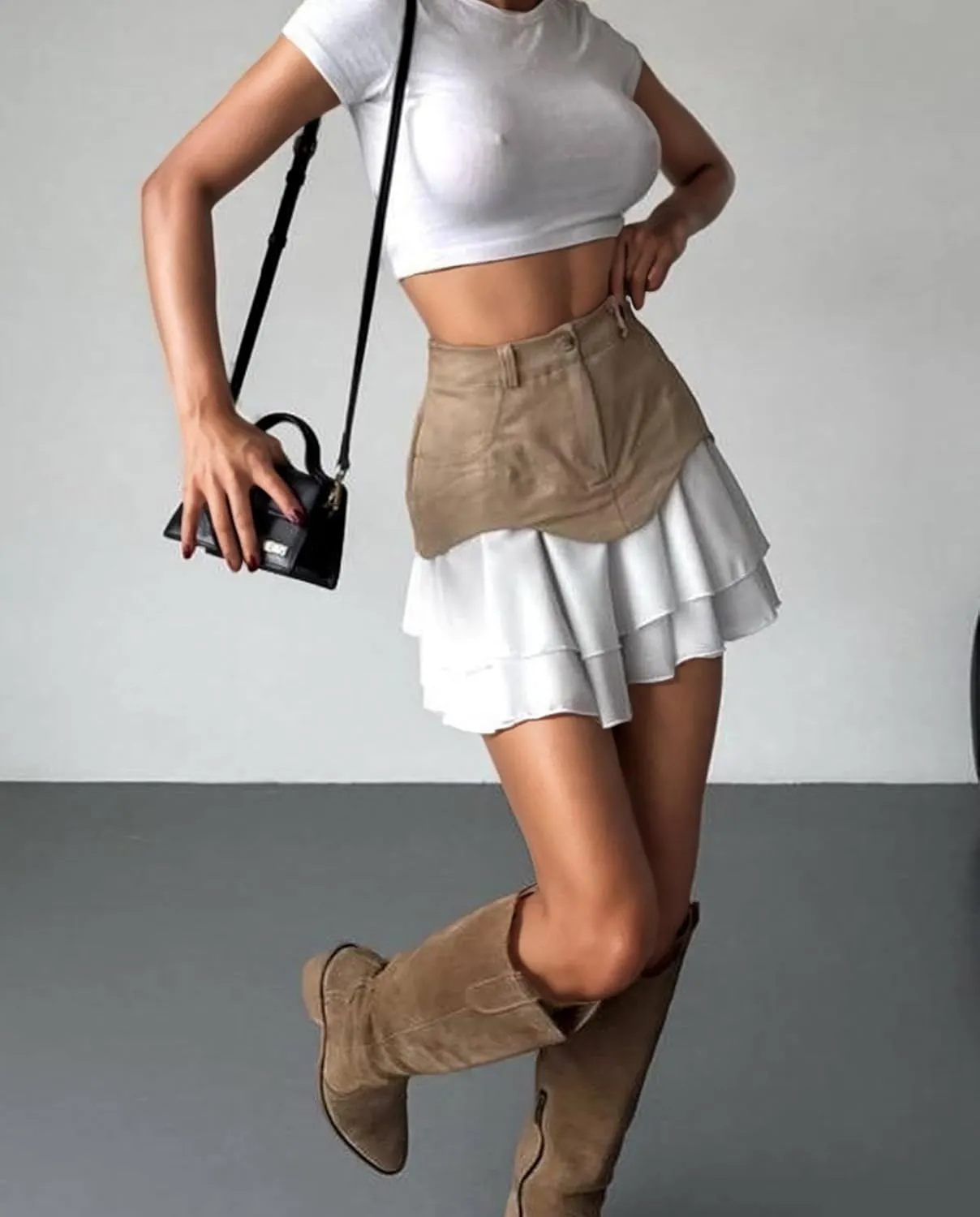 Women's Patchwork Denim Mini Skirt High Waisted Flared Flowy Layer Ruffle Hem A Line Y2k Jean Short Skirts