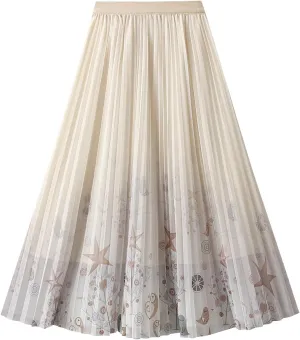 Womens Pleated Midi Skirt Tulle Tutu Graphic Print Elastic Waist A-Line Mesh Summer Long Flowy Skirts