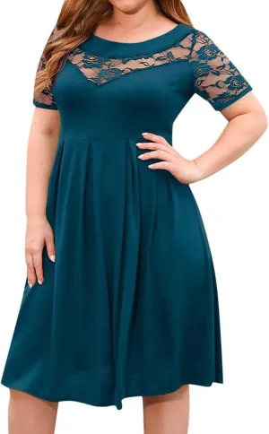 Women's Plus Size Short Sleeve Lace Midi Dress Pleated Casual Summer Flowy Midi Dresses with Pockets