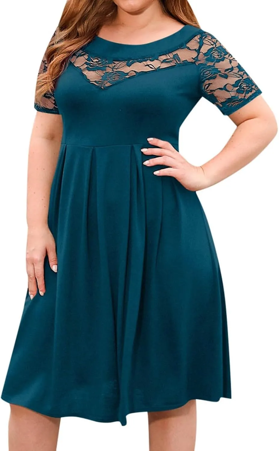 Women's Plus Size Short Sleeve Lace Midi Dress Pleated Casual Summer Flowy Midi Dresses with Pockets