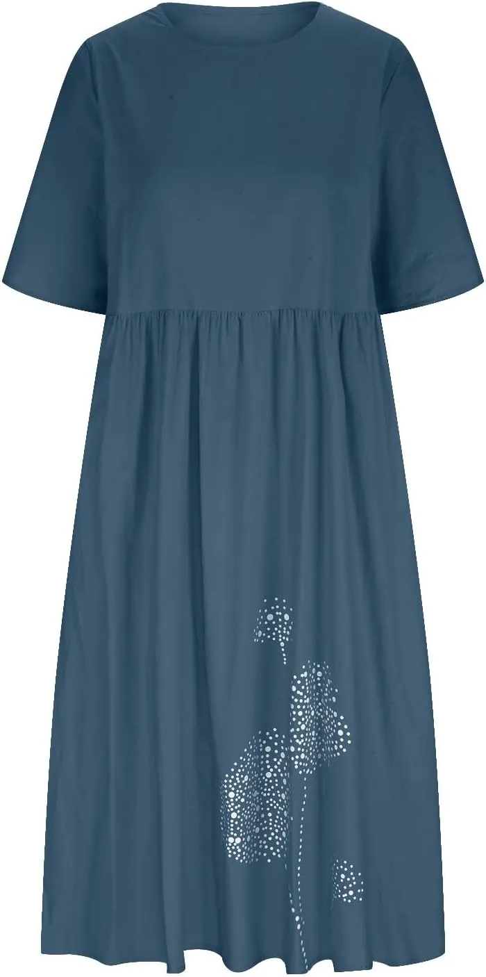 Women's Plus Size Spring Summer Casual Dress Cotton Linen Round Neck Printing Short Sleeve Dress with Pockets