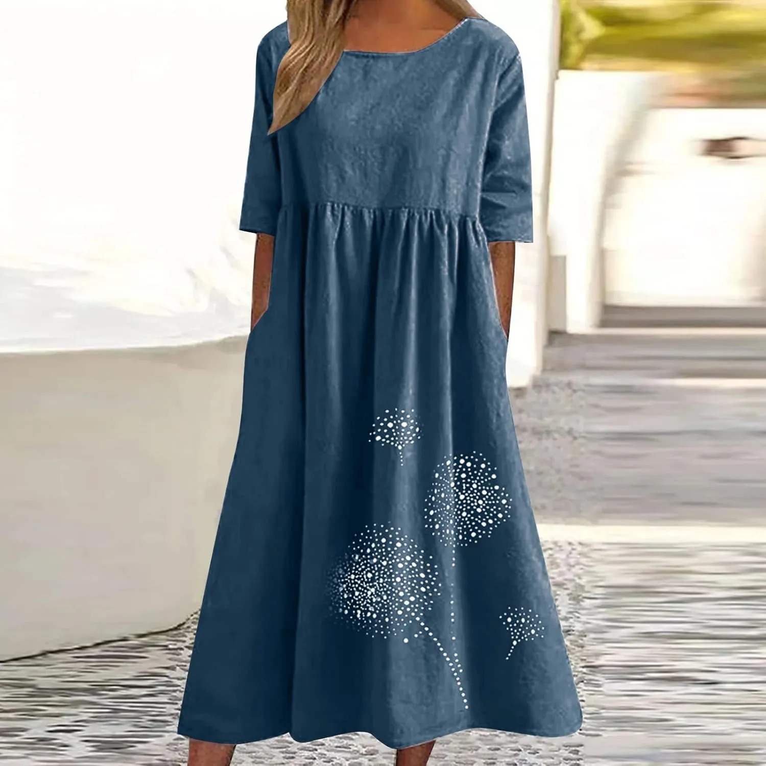 Women's Plus Size Spring Summer Casual Dress Cotton Linen Round Neck Printing Short Sleeve Dress with Pockets
