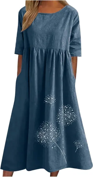 Women's Plus Size Spring Summer Casual Dress Cotton Linen Round Neck Printing Short Sleeve Dress with Pockets