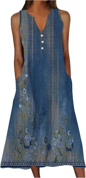 Women's Plus Size Summer Floral Print Casual Dress Vintage Sleeveless Neck V-Neck Long Tank Dress with Pockets