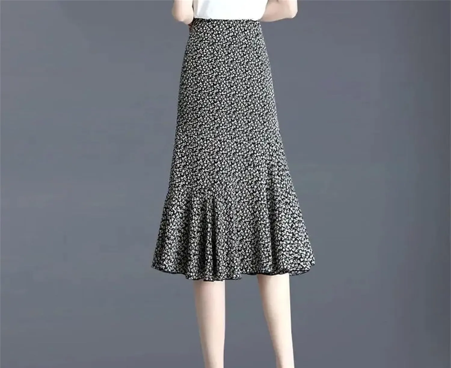Women's Printed Zipper Folds Floral Skirts Summer Loose High Waist Trumpet Skirts