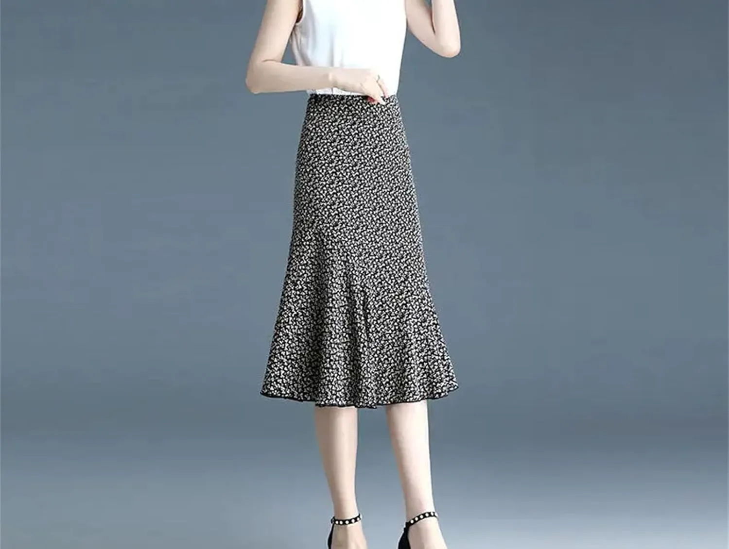 Women's Printed Zipper Folds Floral Skirts Summer Loose High Waist Trumpet Skirts