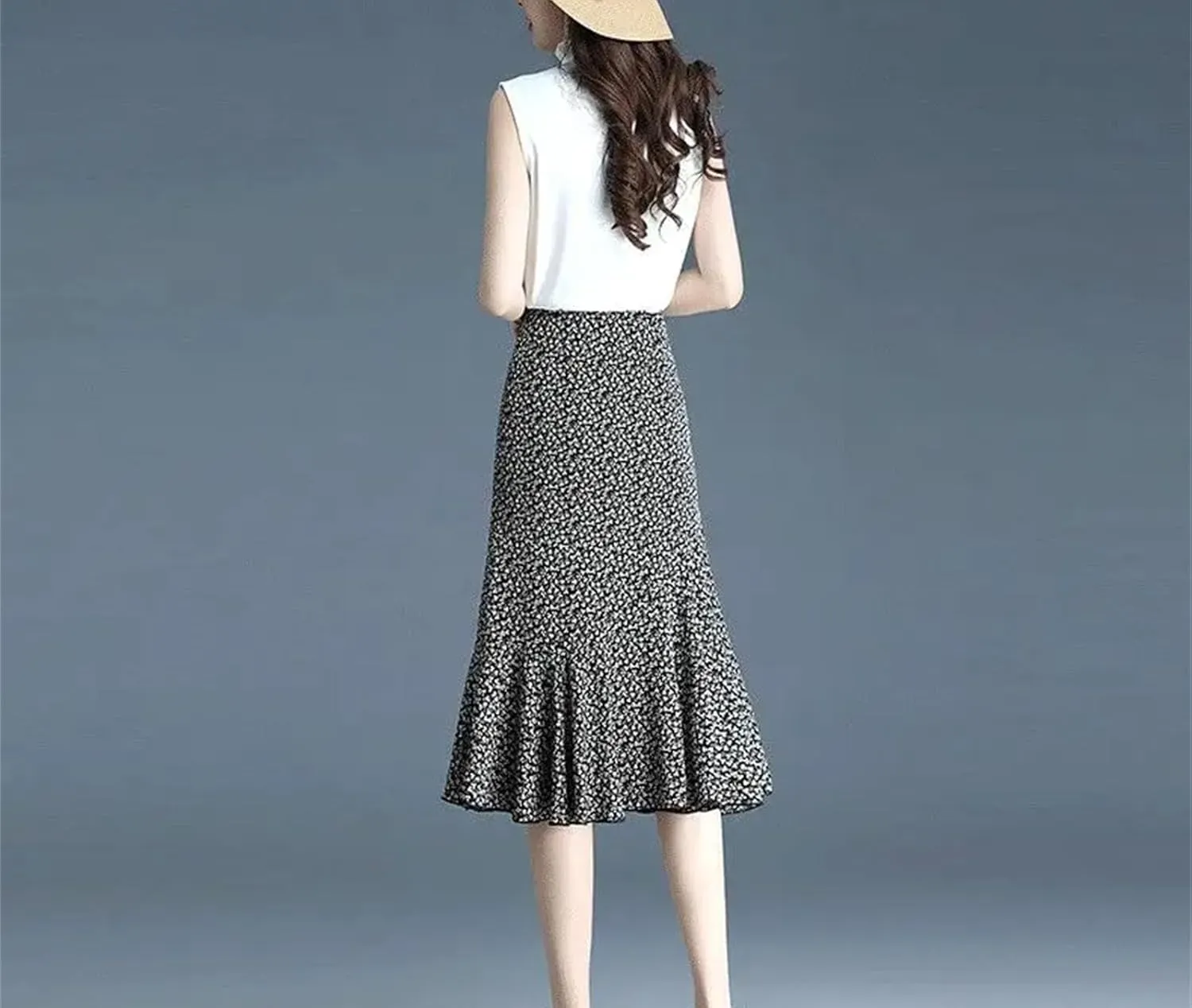Women's Printed Zipper Folds Floral Skirts Summer Loose High Waist Trumpet Skirts