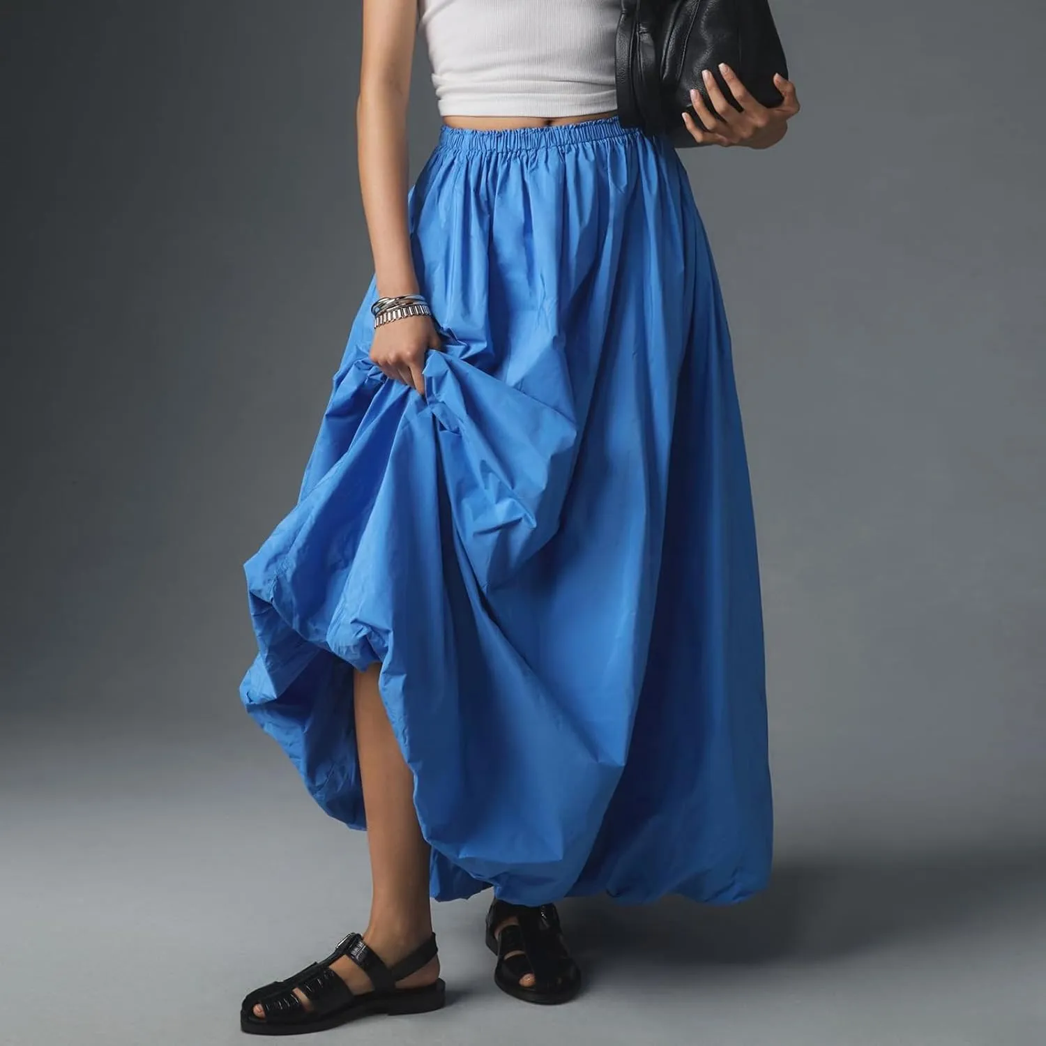 Women's Puffy Long Skirts Cute Floral Bud Bubble A-Line Skirts Solid Color Elastic Waist Casual Skirts Streetwear