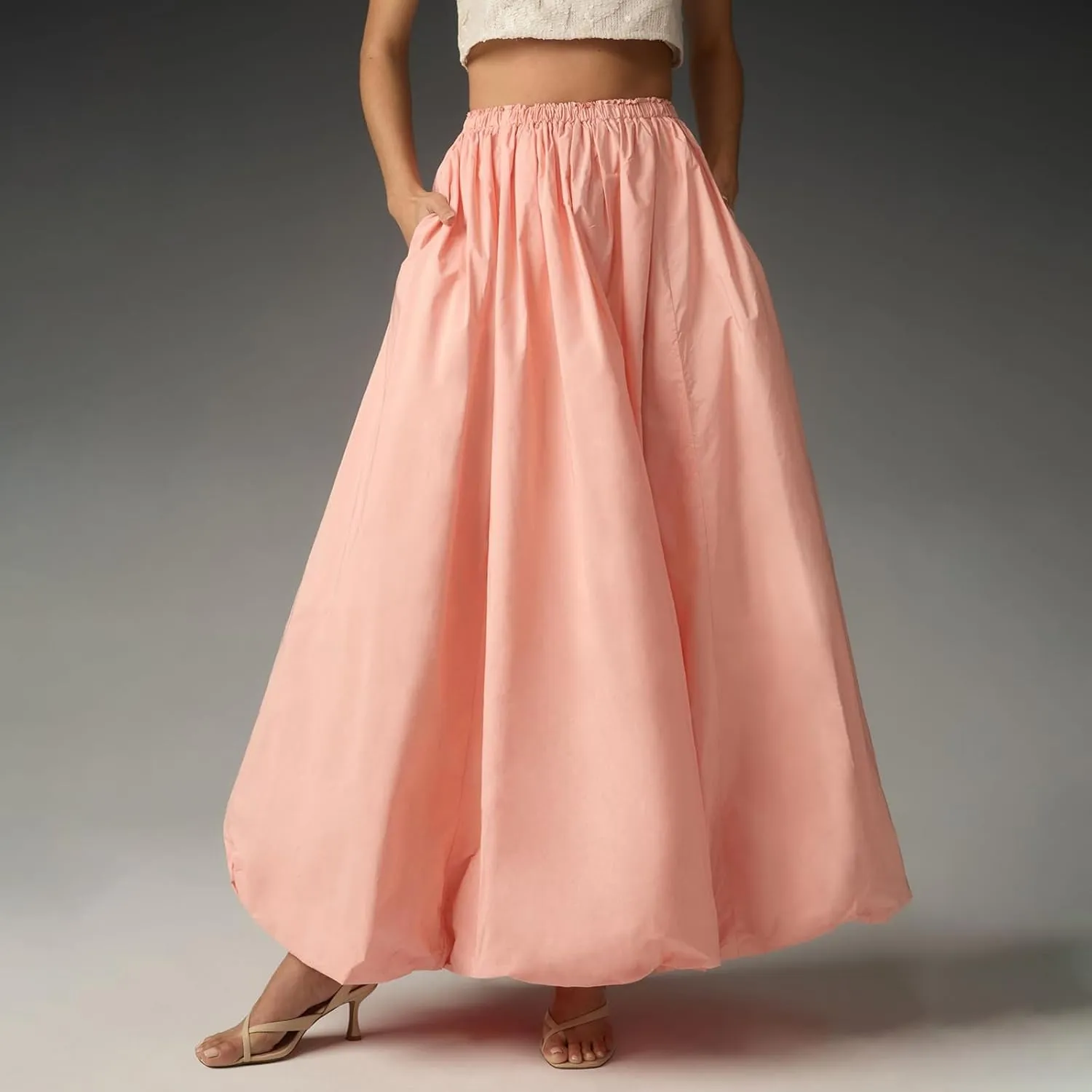 Women's Puffy Long Skirts Cute Floral Bud Bubble A-Line Skirts Solid Color Elastic Waist Casual Skirts Streetwear