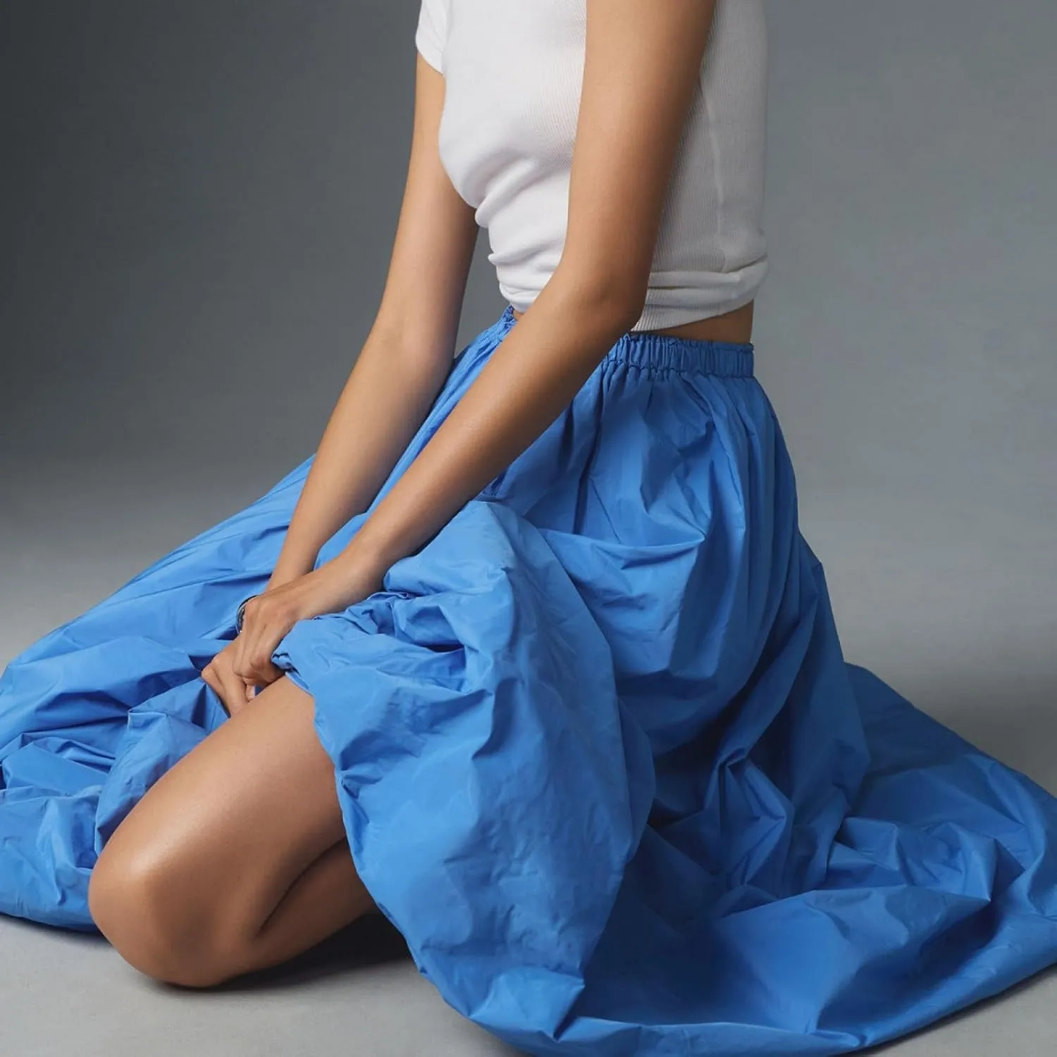 Women's Puffy Long Skirts Cute Floral Bud Bubble A-Line Skirts Solid Color Elastic Waist Casual Skirts Streetwear