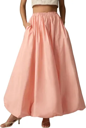 Women's Puffy Long Skirts Cute Floral Bud Bubble A-Line Skirts Solid Color Elastic Waist Casual Skirts Streetwear