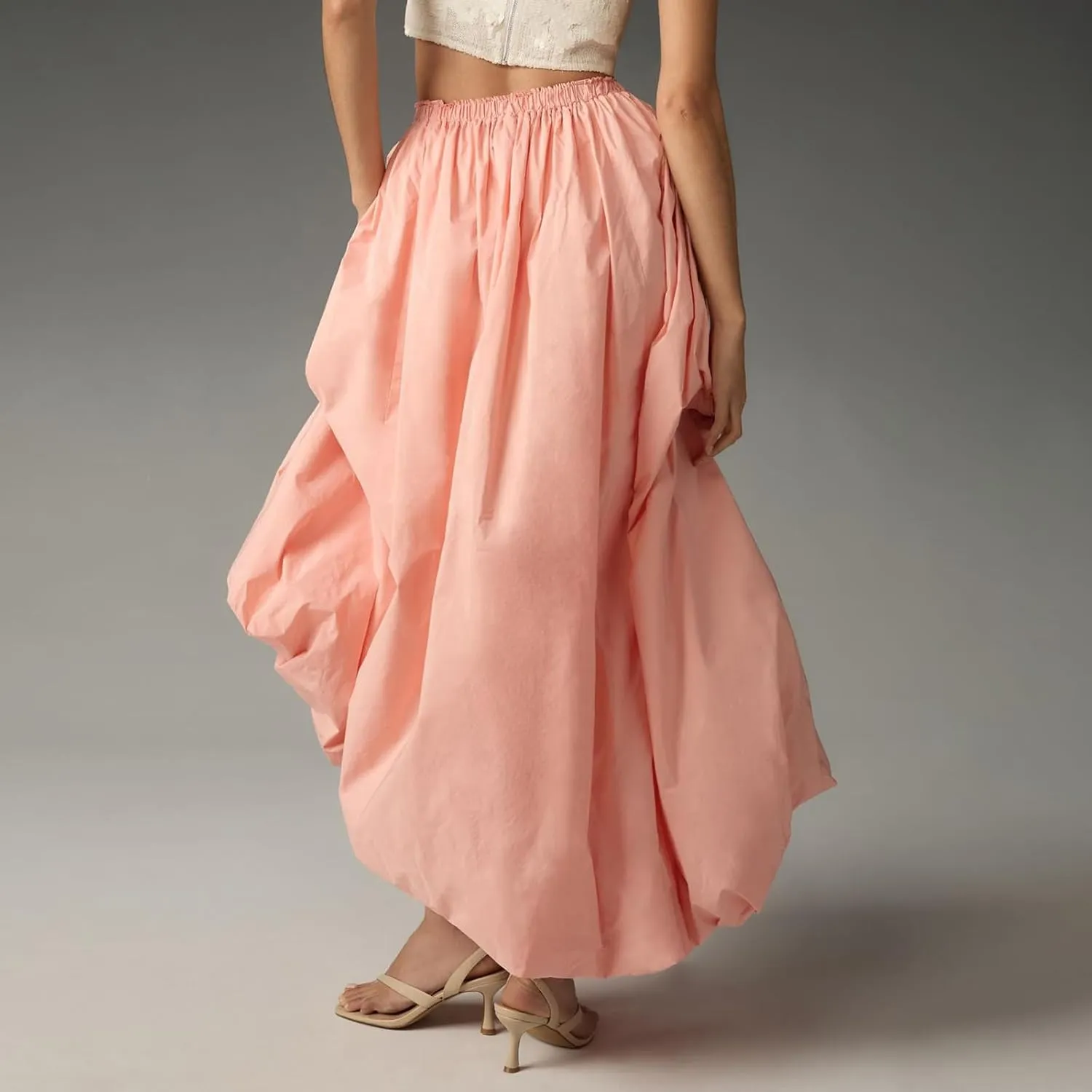 Women's Puffy Long Skirts Cute Floral Bud Bubble A-Line Skirts Solid Color Elastic Waist Casual Skirts Streetwear