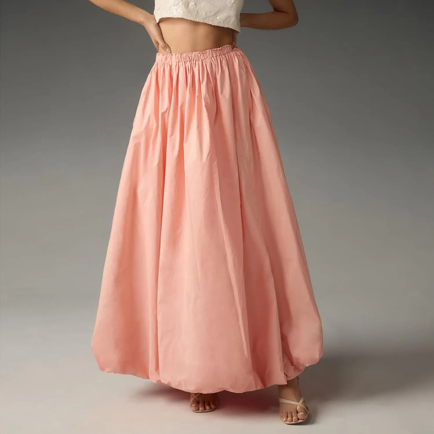 Women's Puffy Long Skirts Cute Floral Bud Bubble A-Line Skirts Solid Color Elastic Waist Casual Skirts Streetwear