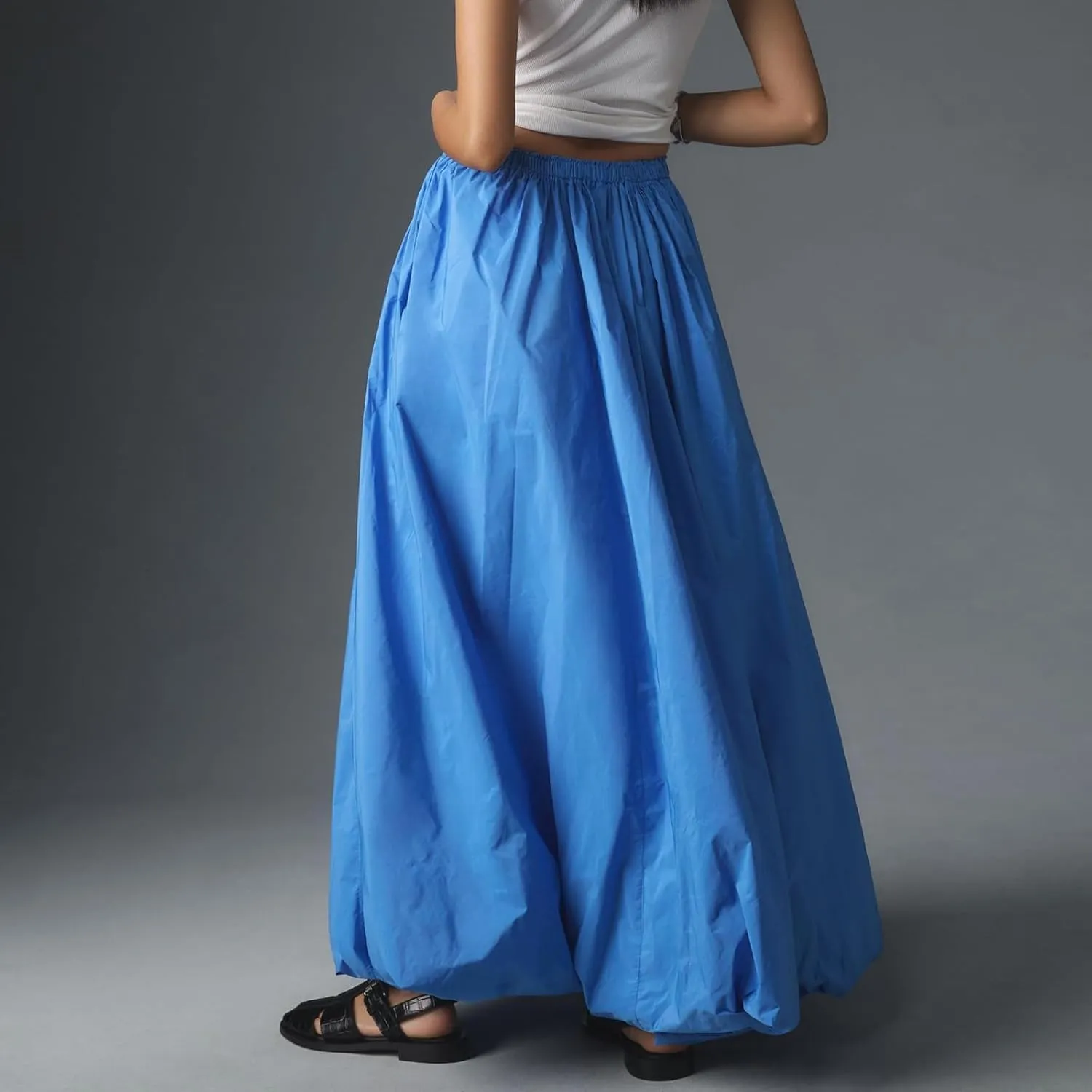 Women's Puffy Long Skirts Cute Floral Bud Bubble A-Line Skirts Solid Color Elastic Waist Casual Skirts Streetwear