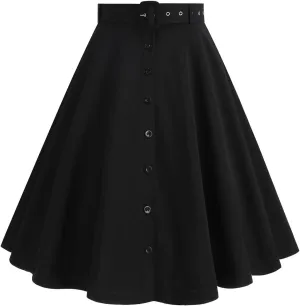 Womens Retro High Waisted Skirts Vintage Stretch A Line Flared Midi Skirt Knee Length Casual Dress Summer Clothes
