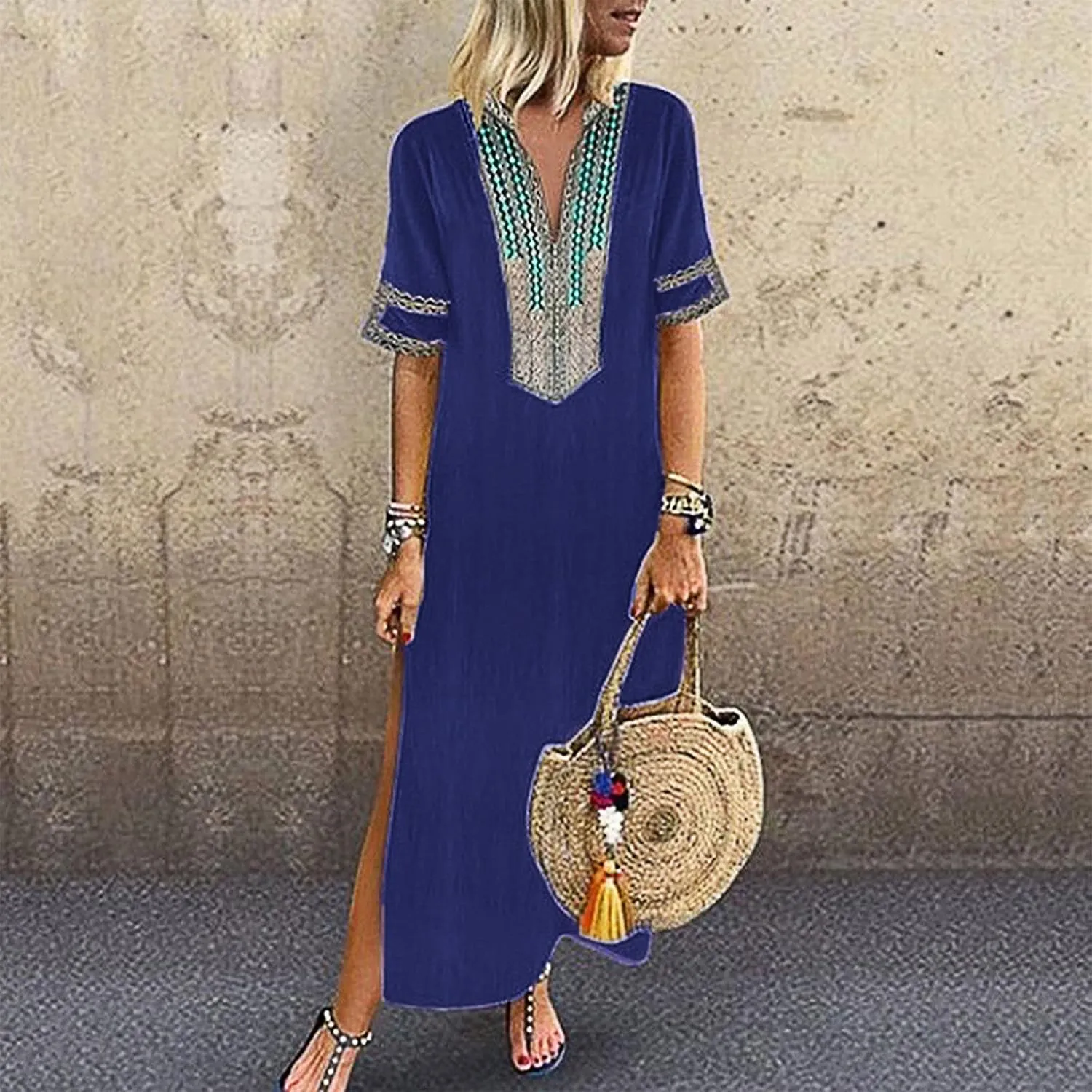 Women's Retro Long Puff Sleeve Beach Plaid Tunic Dress Gingham Swing Tiered Midi Long Shift Sun Dress Plus Size