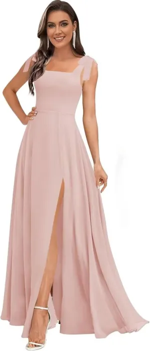 Women's Ruffle Chiffon Bridesmaid Dresses for Women with Bow Square Neck Formal Party Gowns with Pockets DE190