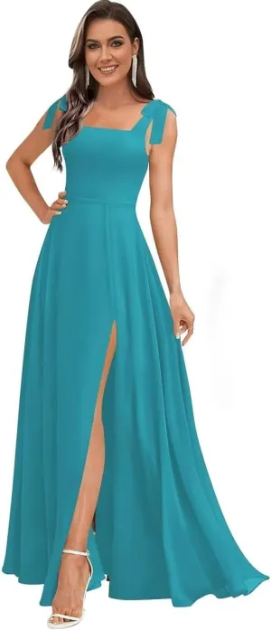 Women's Ruffle Chiffon Bridesmaid Dresses for Women with Bow Square Neck Formal Party Gowns with Pockets DE190