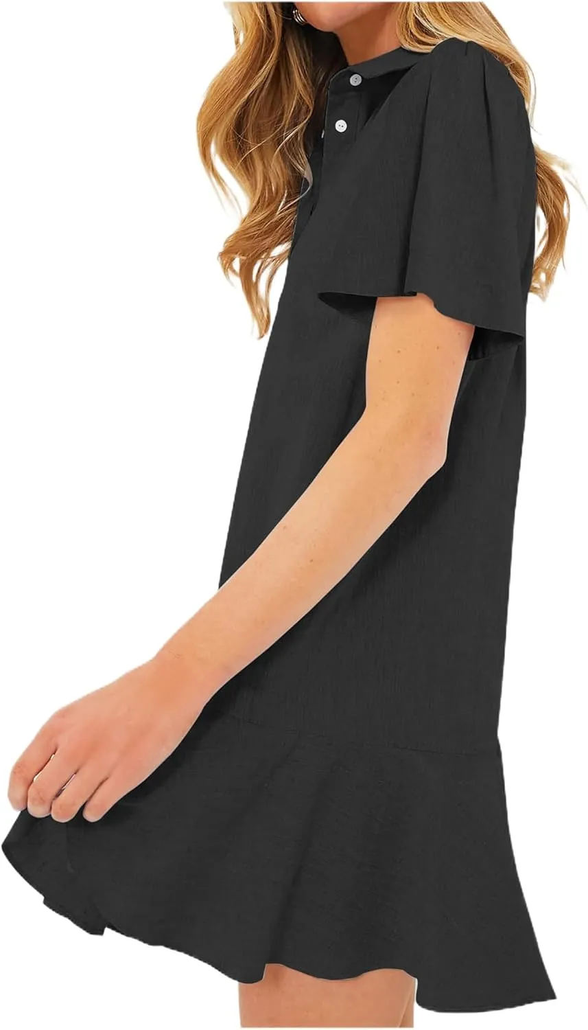 Women's Ruffle Hem Dresses Short Sleeve Lapel Shirt Mini Dress Button Down Summer Casual Loose Dresses with Pockets