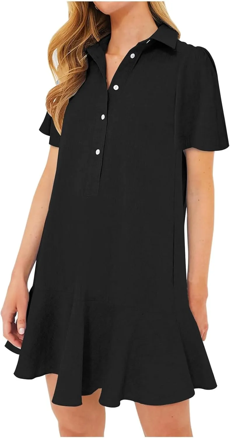 Women's Ruffle Hem Dresses Short Sleeve Lapel Shirt Mini Dress Button Down Summer Casual Loose Dresses with Pockets