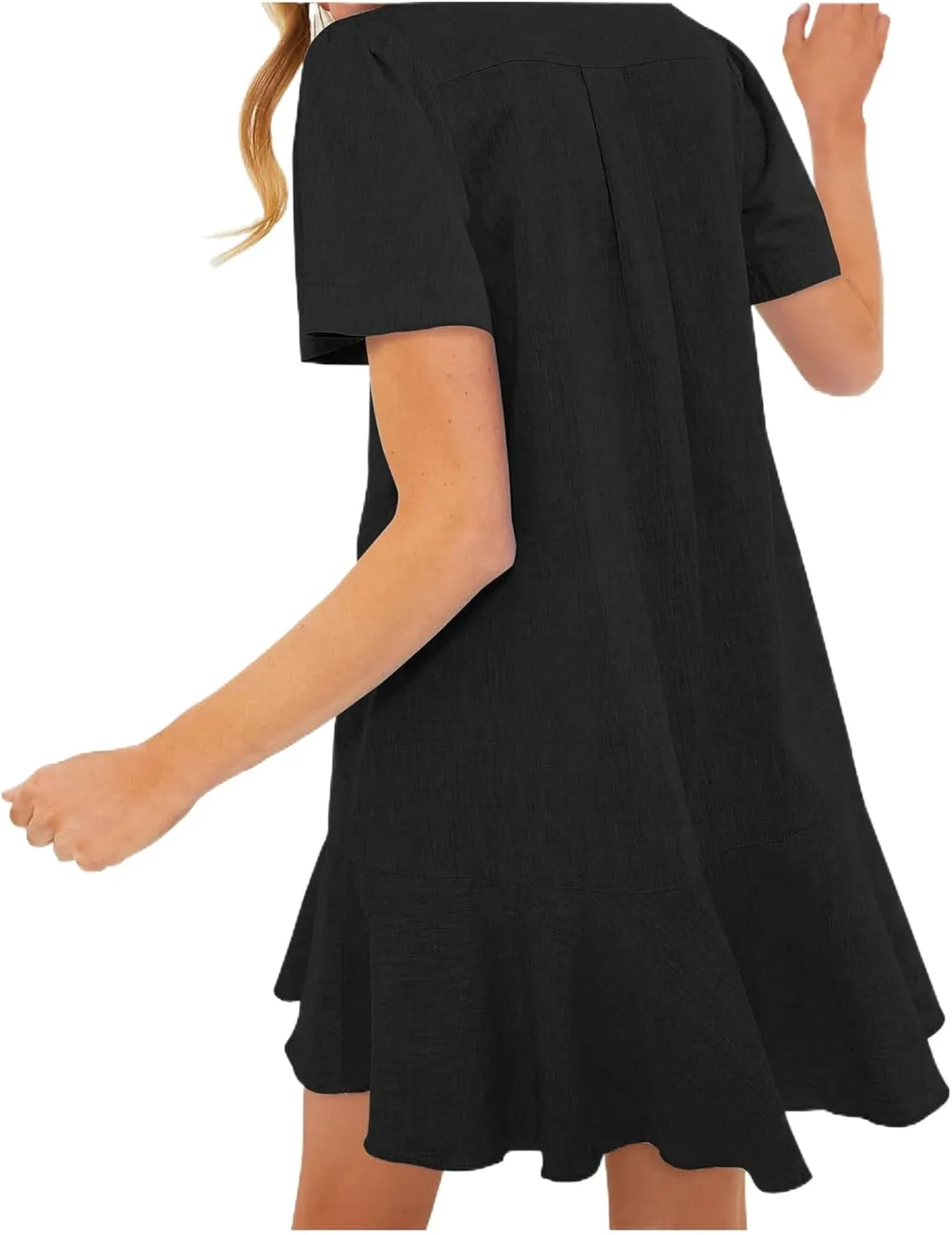 Women's Ruffle Hem Dresses Short Sleeve Lapel Shirt Mini Dress Button Down Summer Casual Loose Dresses with Pockets