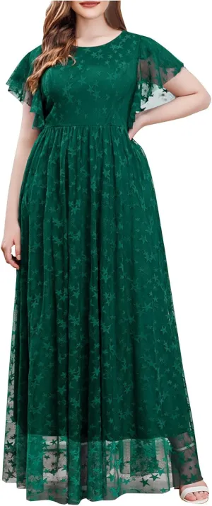 Women's Ruffle Sleeve Chiffon Mother of The Bride Maxi Dress Wrap V Neck Tie Front Polka Dot Long Formal Evening Dresses