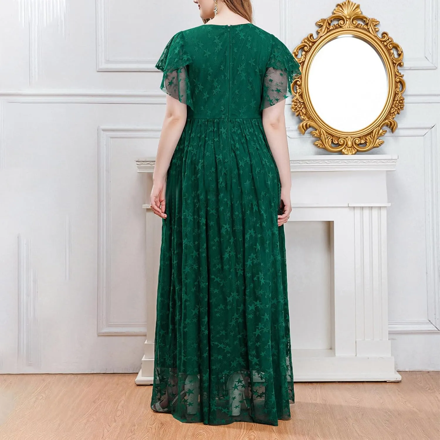 Women's Ruffle Sleeve Chiffon Mother of The Bride Maxi Dress Wrap V Neck Tie Front Polka Dot Long Formal Evening Dresses