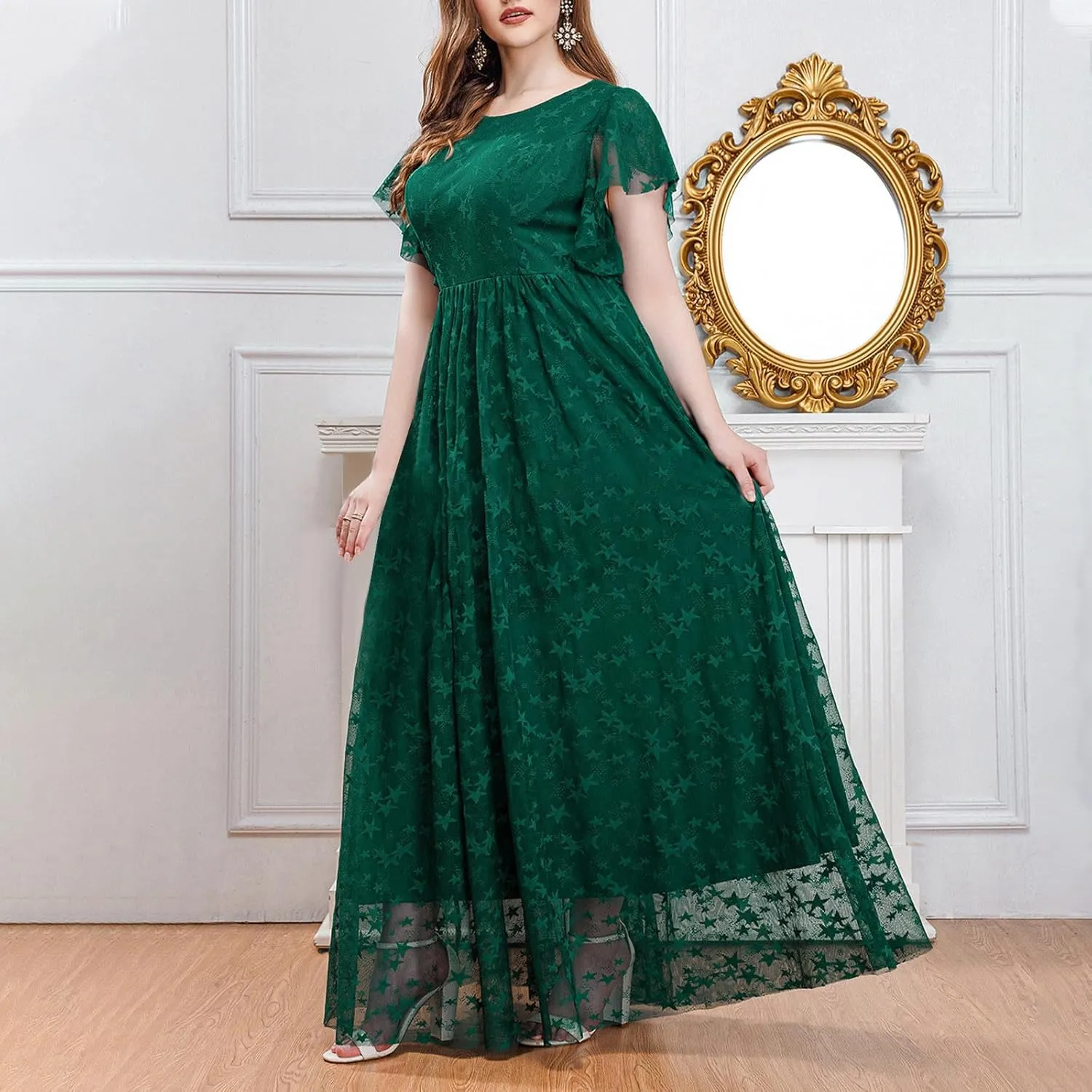 Women's Ruffle Sleeve Chiffon Mother of The Bride Maxi Dress Wrap V Neck Tie Front Polka Dot Long Formal Evening Dresses