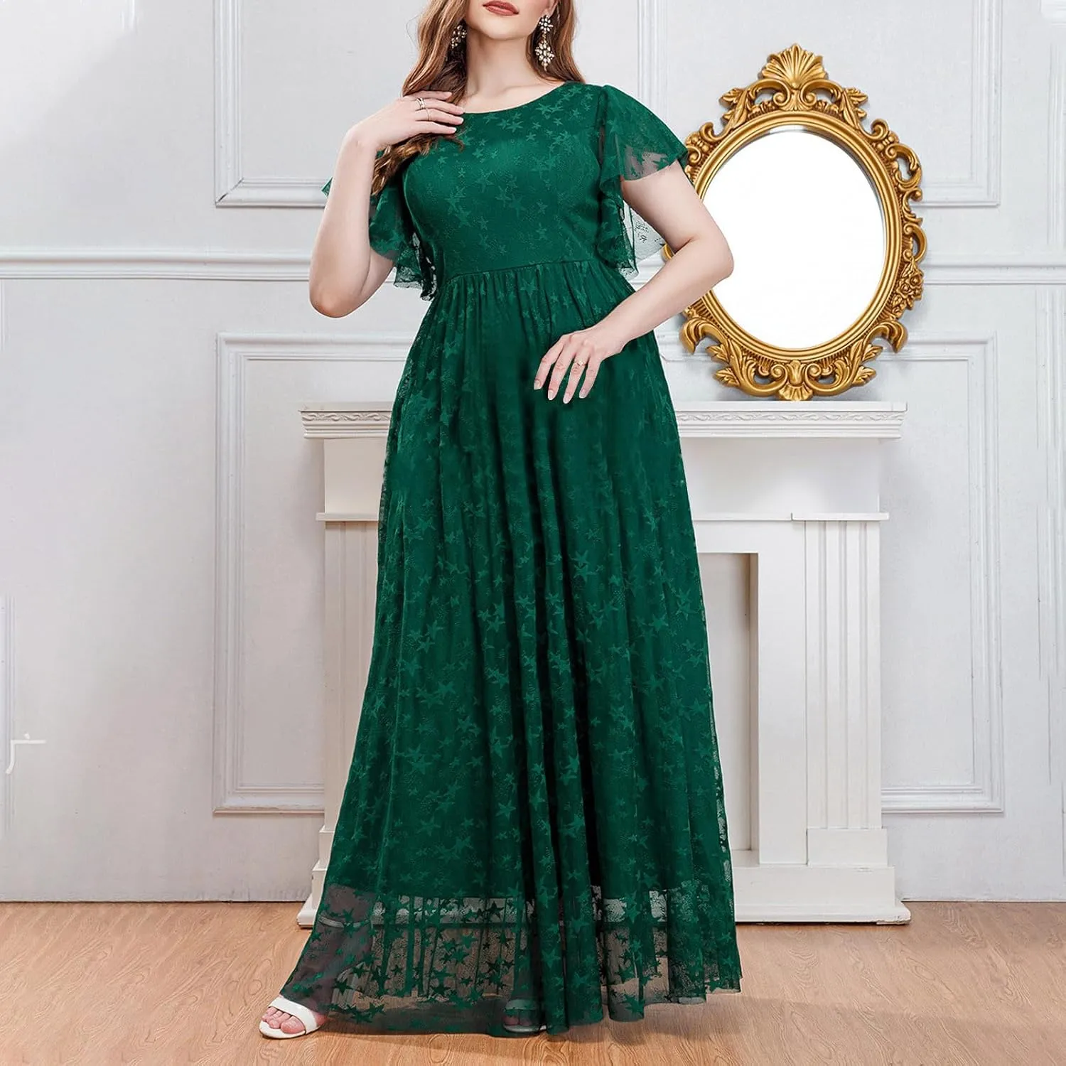 Women's Ruffle Sleeve Chiffon Mother of The Bride Maxi Dress Wrap V Neck Tie Front Polka Dot Long Formal Evening Dresses