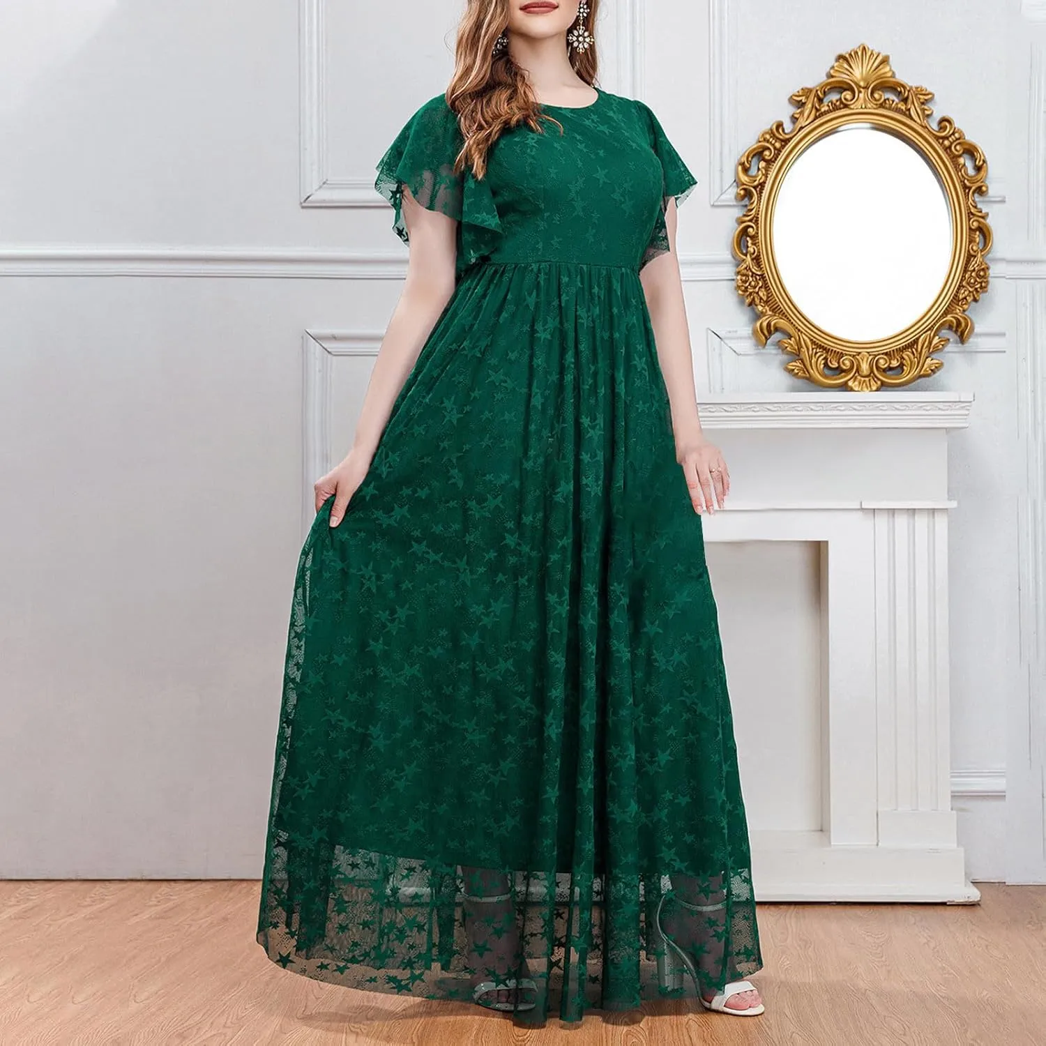 Women's Ruffle Sleeve Chiffon Mother of The Bride Maxi Dress Wrap V Neck Tie Front Polka Dot Long Formal Evening Dresses