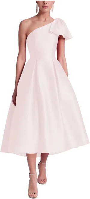 Womens Satin One Shoulder Evening Dress with Pockets Tea Length Prom Gowns for Women A Line Wedding Guest Dress
