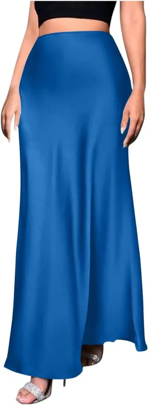 Womens Satin Silk Long Skirt 2025 Fashion Elegant Cocktail Party Flared Skirts Solid Color Casual High Waist Skirt