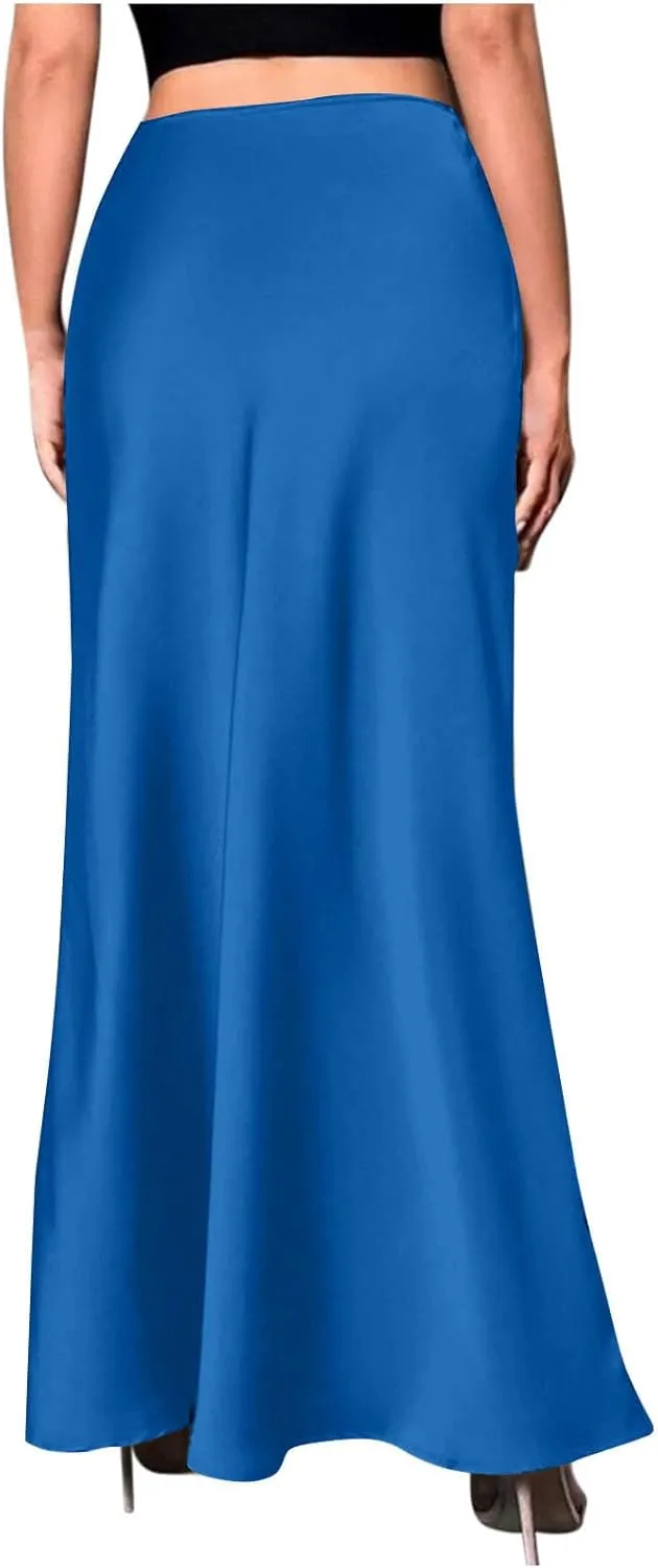 Womens Satin Silk Long Skirt 2025 Fashion Elegant Cocktail Party Flared Skirts Solid Color Casual High Waist Skirt