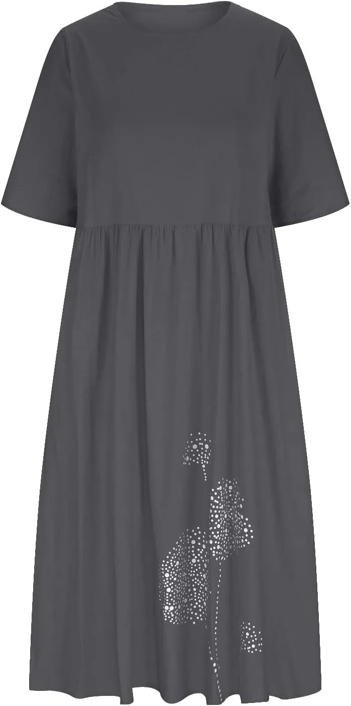 Womens Short Sleeve Casual Midi Dresses Cute Flower Graphic Print Sun Dresses Casual Loose Beach Dress with Pockets