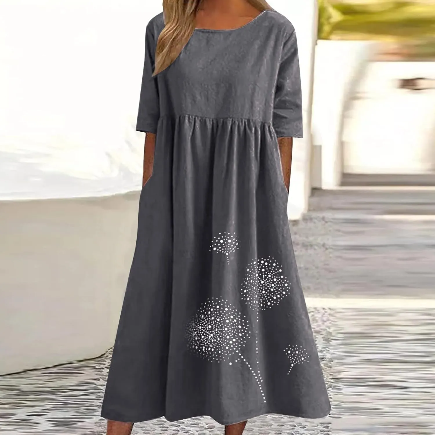 Womens Short Sleeve Casual Midi Dresses Cute Flower Graphic Print Sun Dresses Casual Loose Beach Dress with Pockets