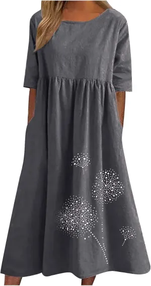 Womens Short Sleeve Casual Midi Dresses Cute Flower Graphic Print Sun Dresses Casual Loose Beach Dress with Pockets