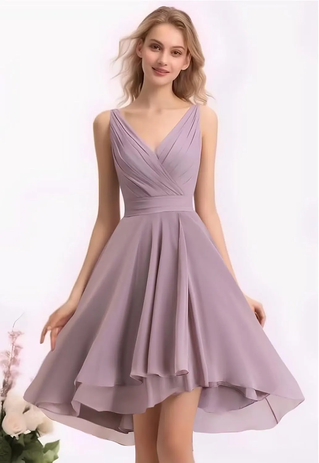 Women's Short V-Neck Bridesmaid Dresses Summer Ruched Chiffon Wedding Prom Cocktail Party Dress