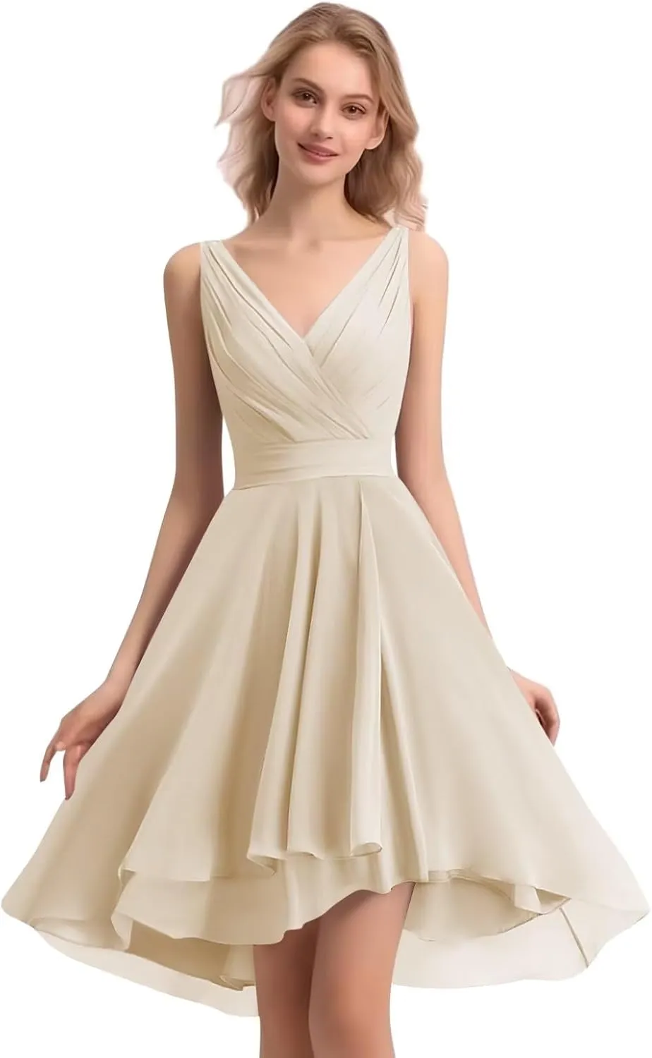Women's Short V-Neck Bridesmaid Dresses Summer Ruched Chiffon Wedding Prom Cocktail Party Dress