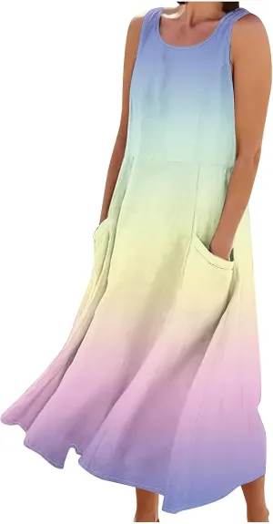 Women's Sleeveless Casual Summer Midi Dresses Gradient Graphic Print Sun Dresses Loose Flowy Tank Dress
