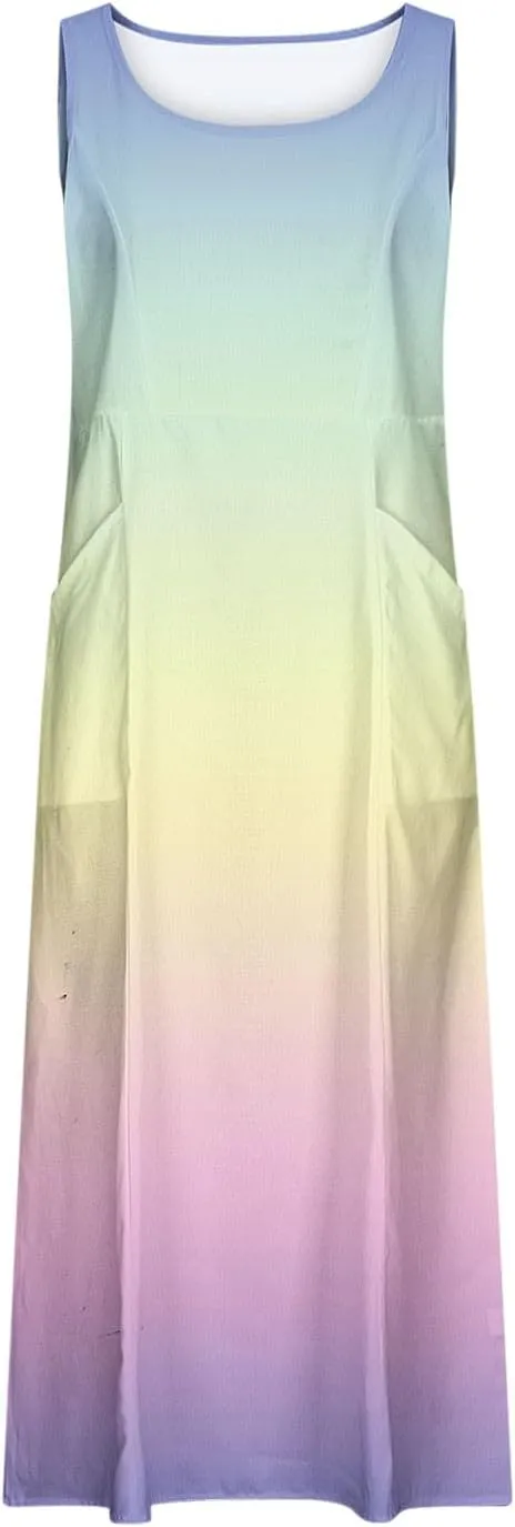 Women's Sleeveless Casual Summer Midi Dresses Gradient Graphic Print Sun Dresses Loose Flowy Tank Dress