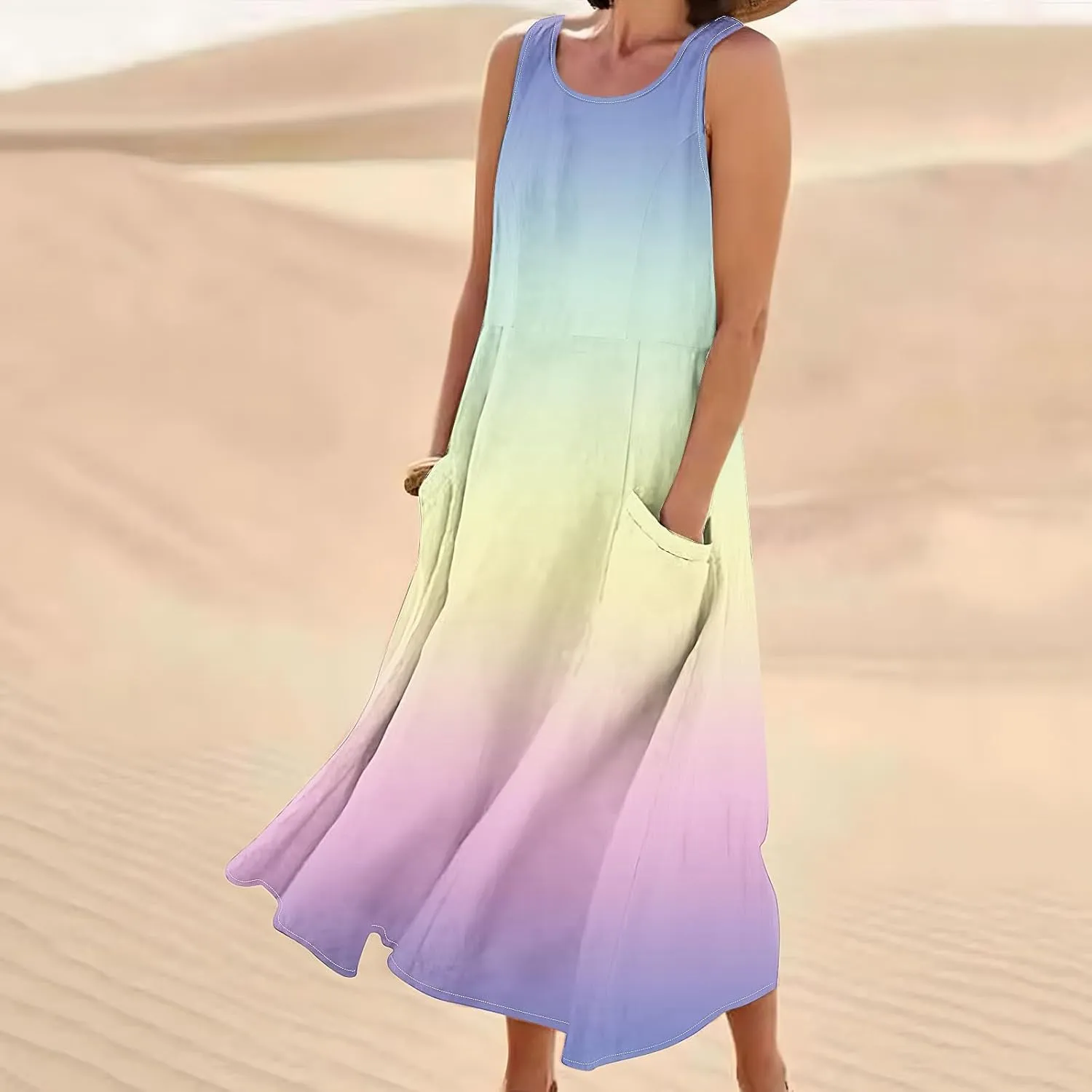Women's Sleeveless Casual Summer Midi Dresses Gradient Graphic Print Sun Dresses Loose Flowy Tank Dress