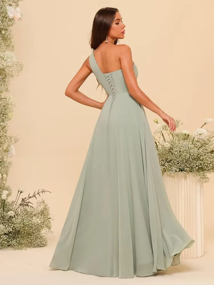 Women's Split One Shoulder Bridesmaid Dresses Long with Pockets Pleated Chiffon Formal Dresses BF20
