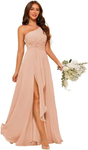 Women's Split One Shoulder Bridesmaid Dresses Long with Pockets Pleated Chiffon Formal Dresses BF20