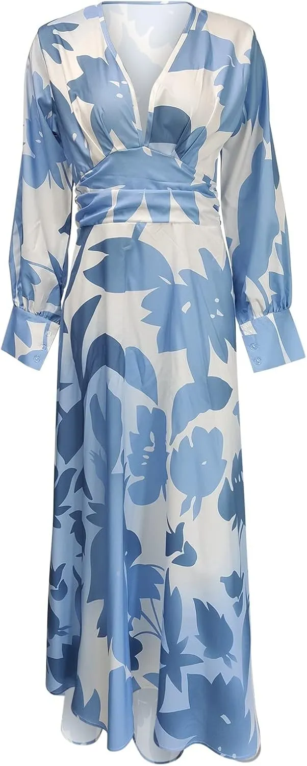 Women's Spring Floral Maxi Long Dress Casual Deep V Neck Long Sleeve Flowy Beach Wedding Guest Vacation Dresses