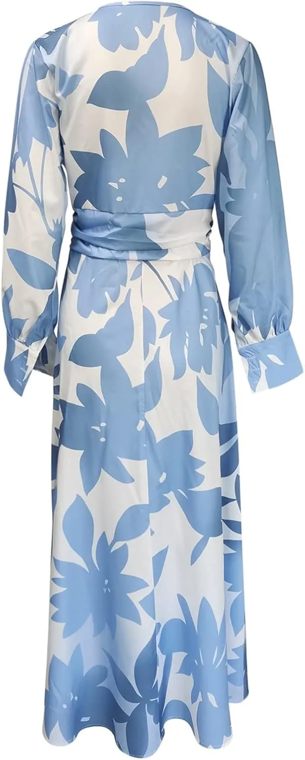 Women's Spring Floral Maxi Long Dress Casual Deep V Neck Long Sleeve Flowy Beach Wedding Guest Vacation Dresses