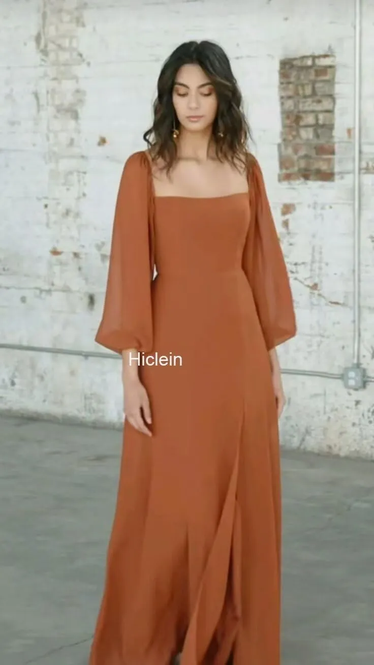 Women's Square Neck Bridesmaid Dresses Long Sleeve for Wedding with Slit A Line Chiffon Flowy Formal Party Dress