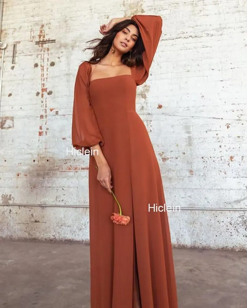 Women's Square Neck Bridesmaid Dresses Long Sleeve for Wedding with Slit A Line Chiffon Flowy Formal Party Dress